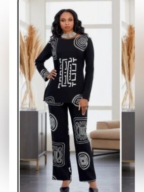 Size 1X Ashro Silver Black Ethnic African Pride Power Print Pant Set